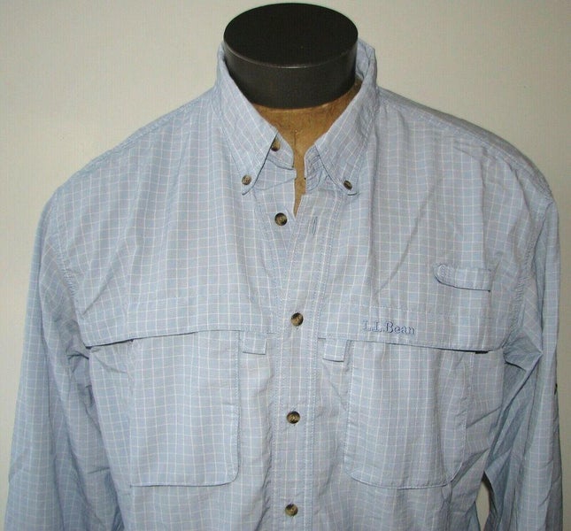 L.L.Bean Men's Blue Check Vented Wicking Fishing Hiking Long Sleeve Shirt -Large