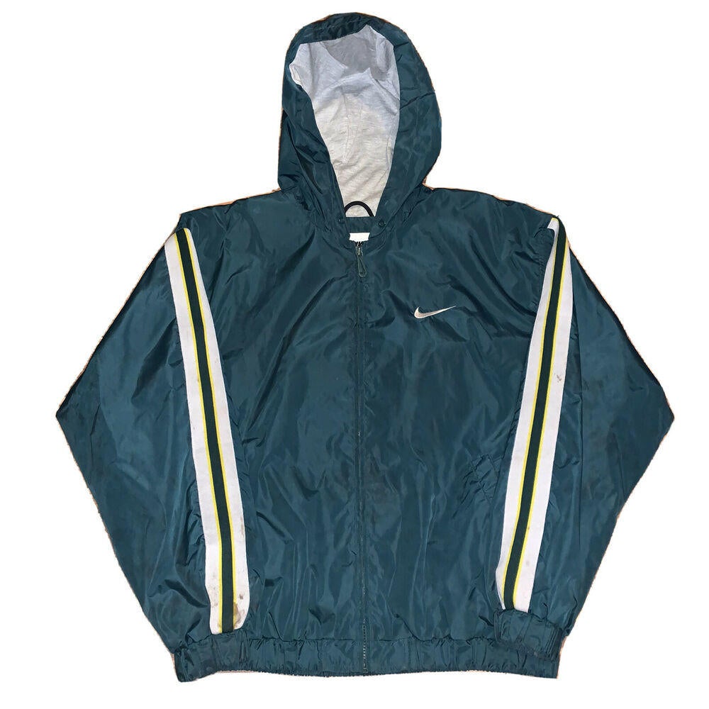 Vintage 90s Nike Air Lined Windbreaker Rain Jacket Hood Zip Large Green Striped