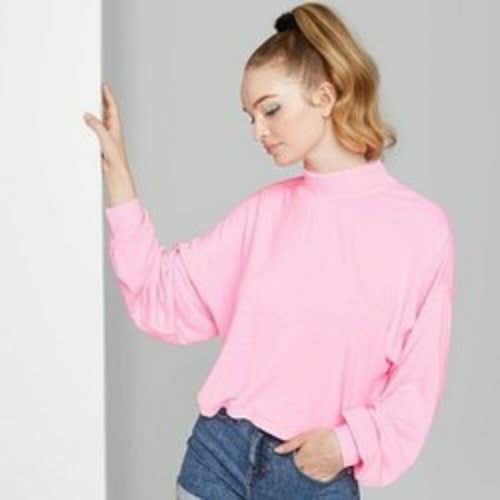 NWT Wild Fable Mock Turtleneck Cropped Sweatshirt in Daring Pink Free Shipping