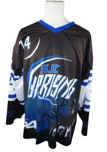 UPRISING SR XS HOCKEY BLK BLU WHT JERSEY #14 - ADULT XSMALL ICE OR ROLLER USED