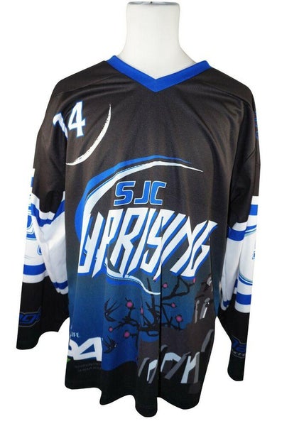 UPRISING SR XS HOCKEY BLK BLU WHT JERSEY #14 - ADULT XSMALL ICE OR ROLLER USED