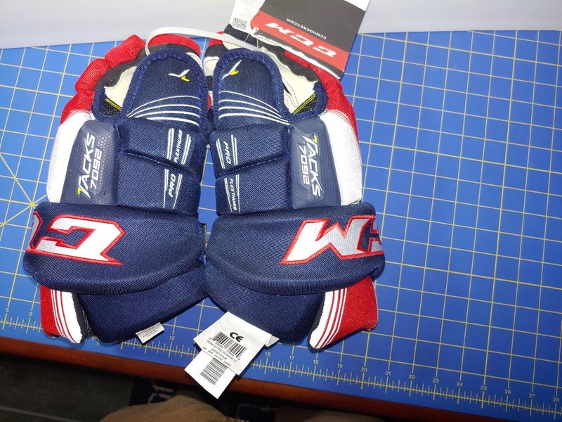 Blue New Senior CCM Tacks 7092 Gloves Navy Blue, Red, White 15"