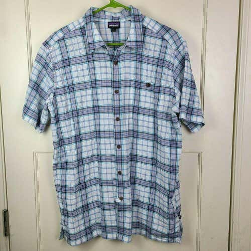 PATAGONIA Organic Cotton Mens Short Sleeve Button Up Shirt Blue Plaid Size: L