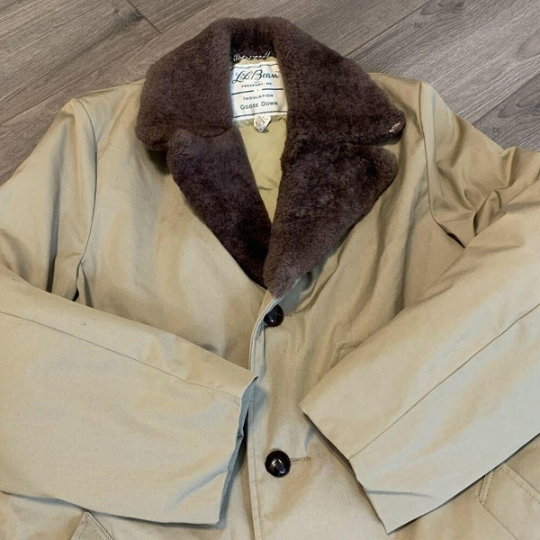 LL Bean Overcoat Jacket Men Large Adult Tan Goose Down Fur Lined