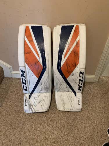 White Used Senior 34+1 CCM Premier 2.9 Goalie Leg Pads
