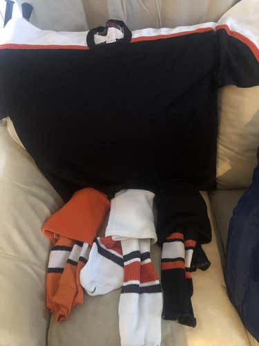 Goalie cut Black flyers jersey blank w/ white/black/orange socks