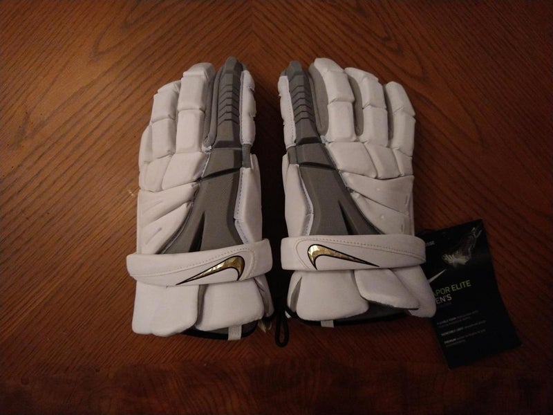 White (with grey) New Nike Vapor Elite Lacrosse Gloves 13" (Large)