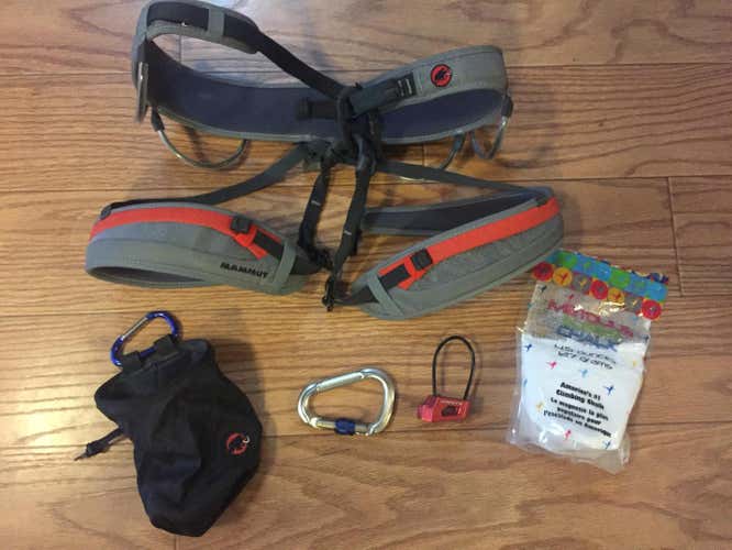 Used Adult L - Mammut Climbing Harness, Chalk Bag, Locking Caribiner and Rope Brake