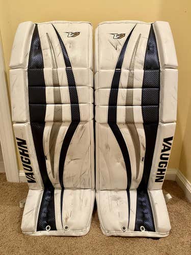 Used Vaughn Senior V7 Velocity XF Pro Carbon Leg Pads - 35+2 - White/Navy/Silver