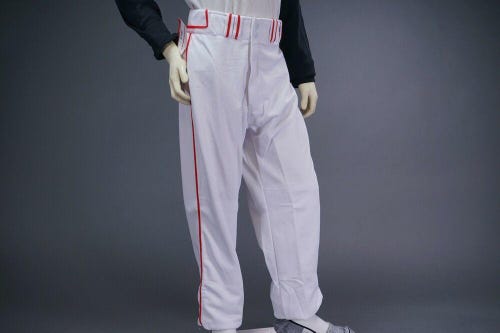 COMBAT PIPED STOCK OPEN BOTTOM BASEBALL/SOFTBALL PANTS, WHITE/RED ~ ADULT SMALL
