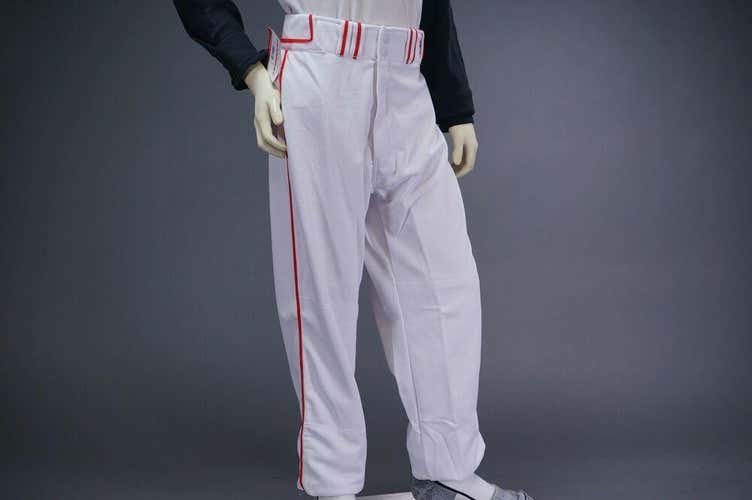 COMBAT PIPED STOCK OPEN BOTTOM BASEBALL/SOFTBALL PANTS, WHITE/RED ~ ADULT SMALL