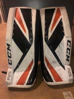 White Used Junior 26" CCM Premier P2.5 Goalie Leg Pads