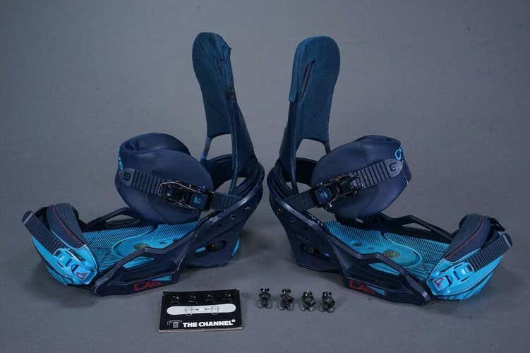 BURTON CARTEL CHANNEL SNOWBOARD BINDINGS W/ HARDWARE, SIZE LARGE, BLUE