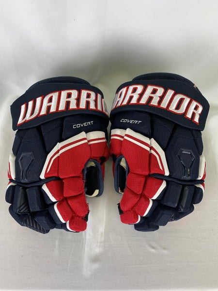 Navy/Red/White Used Senior Warrior Covert QRE 20 Gloves 14" Pro Stock-South Carolina Stingrays ECHL