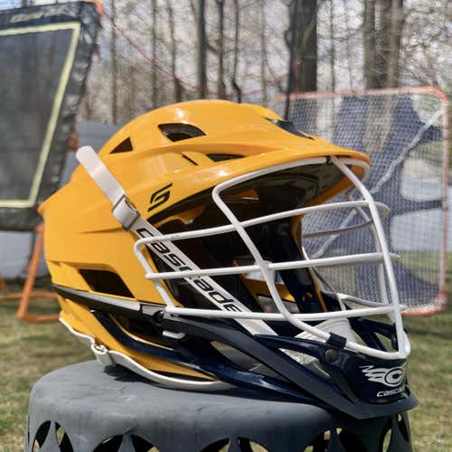 Yellow Used Adult Player's Cascade S Helmet with Navy Chin. CLEAN