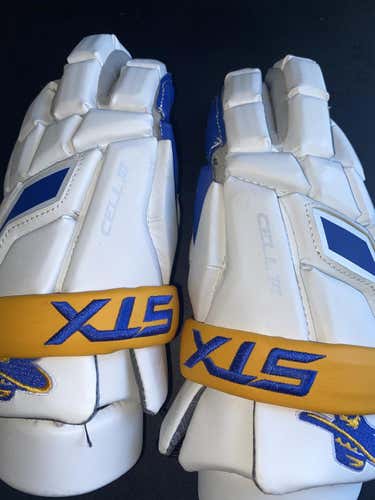 White, yellow and blue New Player's STX Cell III Lacrosse Gloves"