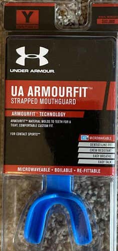 NIB UA Armourfit Under Armour Youth (11 & Under) Strapped Mouth Guard Blue