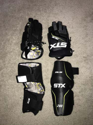 Black Used Player's STX Stallion 200 Lacrosse Gloves 10" and Elbow Pads