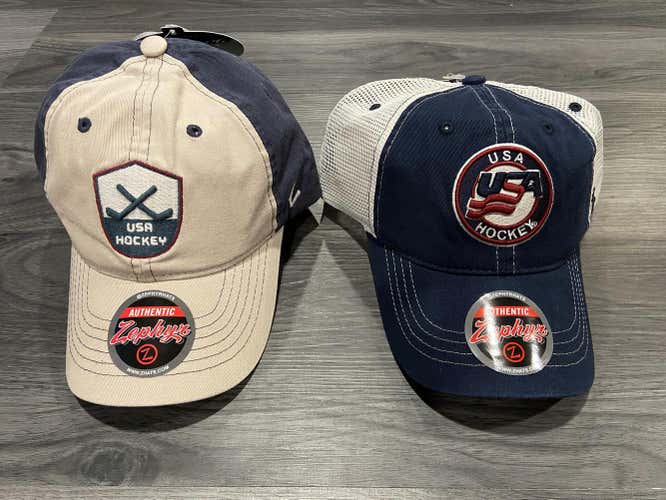 NEW - USA Hockey Hats, 2 different! New With Tag. Ice Hockey, Roller Hockey, Red, Cream, Blue hats