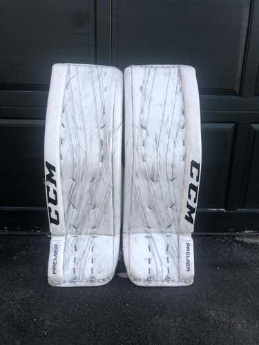 White Used Senior 34" CCM Premier Pro Goalie Leg Pads Pro Stock