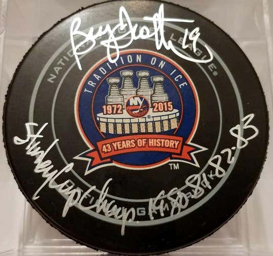 BRYAN TROTTIER NY Islanders Signed NHL Game Puck Stanley Cups 80 81 82 83