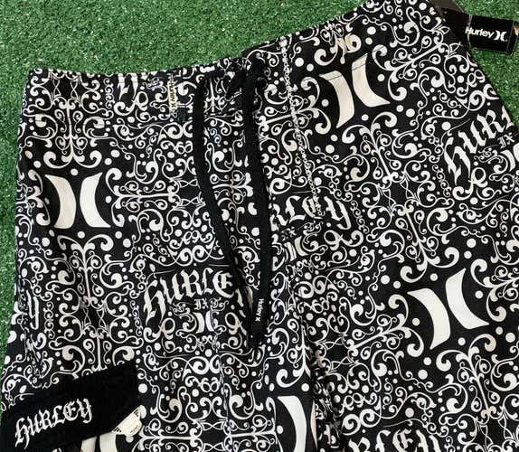 Hurley Swim Trunks Mens 29 Bathing Suit Black Patterned Surfing Beach Swim New
