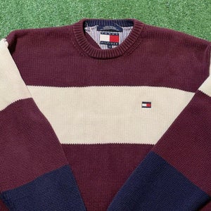 Tommy Hilfiger Sweater Mens Large Knit Heavy Striped Red Blue White Pullover USA
