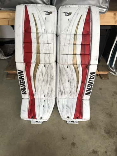 White/Red/Gold "DRIEDGER" Pro Used Senior 36" Vaughn Velocity V7 Goalie Leg Pads Pro Stock