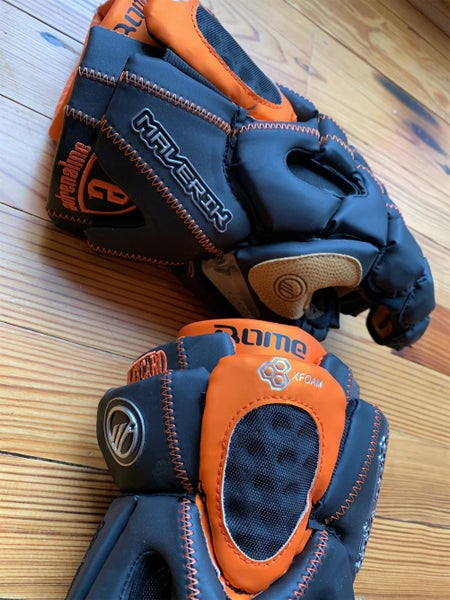 New Custom Maverik Rome Lacrosse Gloves - Black & Orange 13”