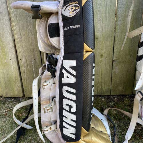 Gold/White/ Black Senior 36" Vaughn Velocity V2  Goalie Leg Pads