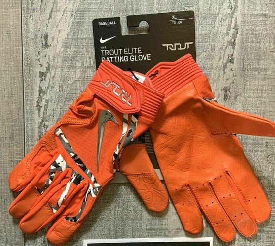 Nike TROUT ELITE Baseball Batting Gloves Orange/Chrome/White  PGB545 864 Men Size XL $90