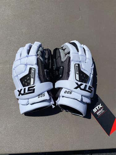 White New STX Shield 500 13" Goalie Gloves