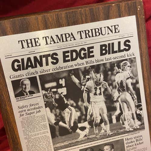 New York Giants vs Buffalo Bills Super Bowl XXV Tampa Tribune Newspaper Plaque