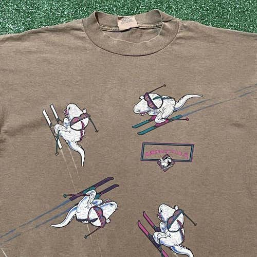 Montana Ski T Shirt Mens Large Adult Brown Vintage 90s T Rex Dinosaur Funny USA