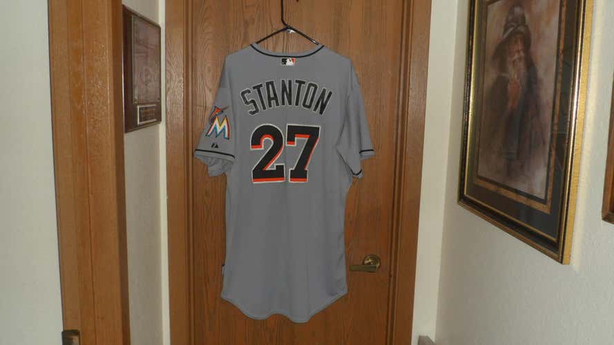 Majestic Authentic Sz 48 (XL) Team Issued Giancarlo Stanton Retro Miami Marlins Road Jersey