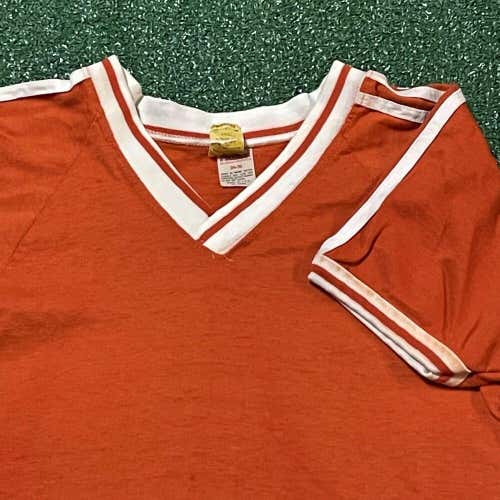 Vintage 80s Blank T Shirt Mens Small Adult Orange V Neck Retro Basic USA