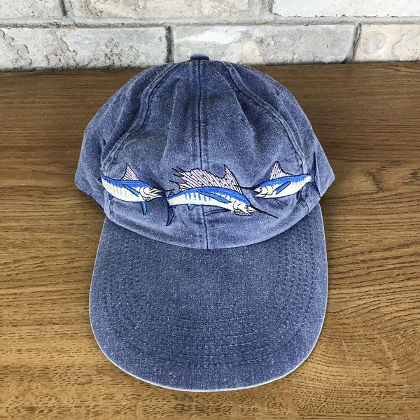 Vintage 80s 90s Marlin Fish Denim Jean Hat Cap Strapback