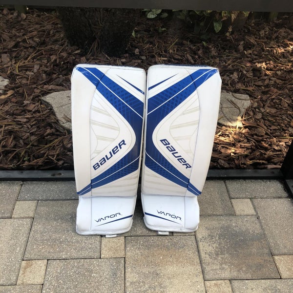 Junior Large, Bauer Vapor X700 Goalie Pads, White/blue USED