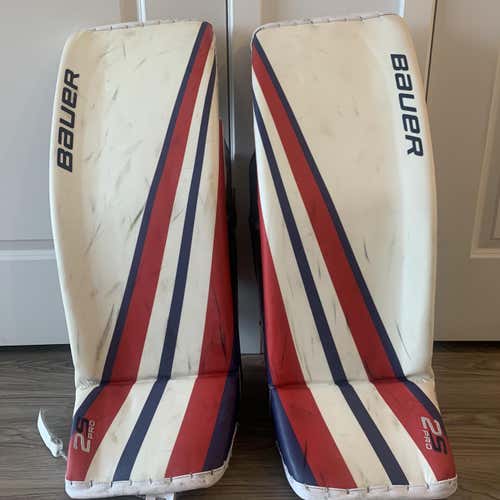 White Used 34" Bauer Supreme 2S Pro Pro Stock Goalie Leg Pads