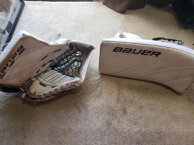 White and Gray Used Senior Bauer Regular Supreme 2S Pro Glove and Blocker