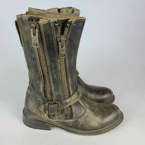 Bed|Stu Womens Boots Black Leather Round Toe Mid Calf Double Zipper Buckle 6.5