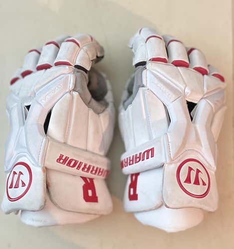 White Used Player's Warrior Burn Pro 13.5" Lacrosse Gloves