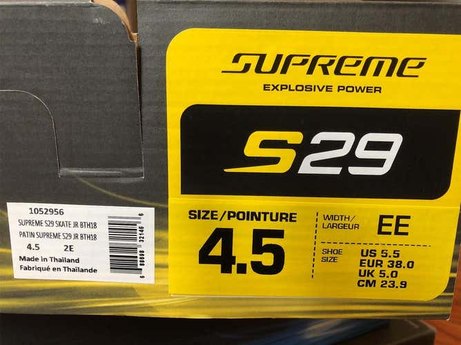 New Bauer Supreme S29 Junior Size 4.5 EE Extra Wide Width Hockey Skates - New In Box