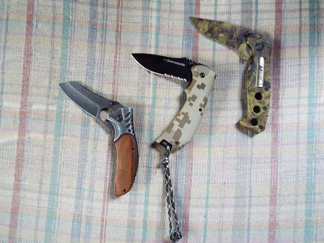 3- THREE NEW FOLDING KNIVES- CAMPING/FISHING/HIKING/BOATING/COOKING.....