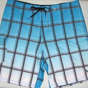 Hurley Men's Blue/Black/White Plaid Swimming Trunks Board Shorts - Size 38