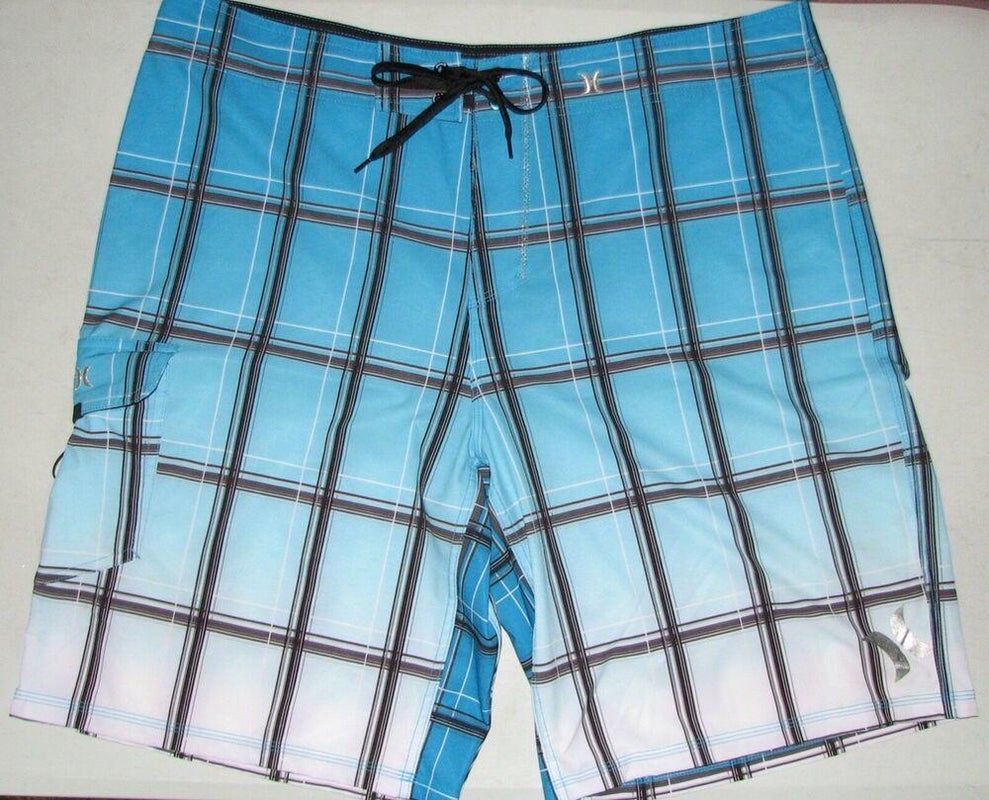 Hurley Men's Blue/Black/White Plaid Swimming Trunks Board Shorts - Size 38