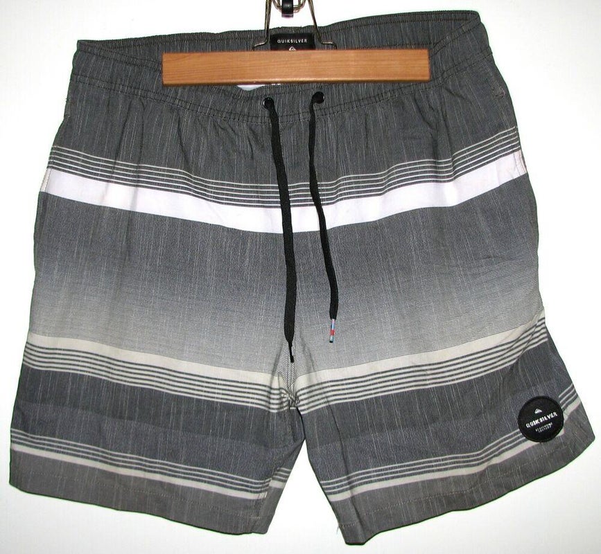 Quicksilver Men's Gray & White Striped Swimming Trunks Board Shorts - Size Large
