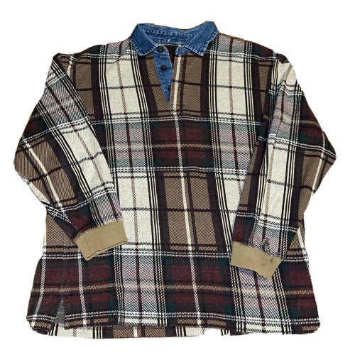 Vintage Flannel Denim Collared Shirt Size L/XL Striped Red Farm Style 1/4 Button