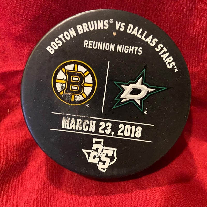 2018 Dallas Stars vs Boston Bruins Game Used Sher-Wood Warm-Up Hockey Puck