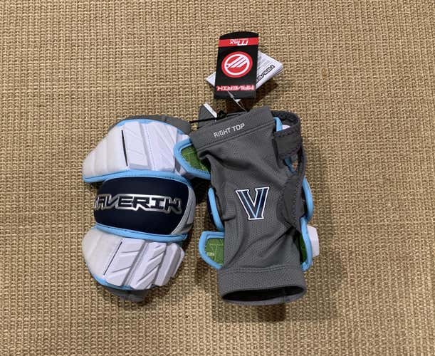 Custom Villanova Maverik Max Lacrosse Arm Pads (New, Large, White, Blue)